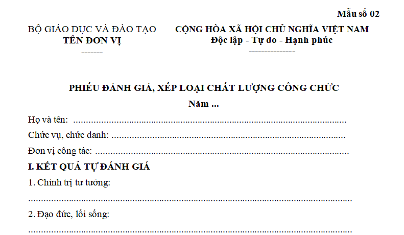 Mẫu Phiếu đánh giá xếp loại chất lượng công chức của Bộ Giáo dục và Đào tạo