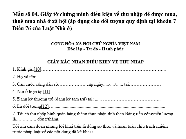 Mẫu số 04 giấy tờ chứng minh điều kiện thu nhập để được mua, thuê mua nhà ở xã hội từ ngày 15/02/2026