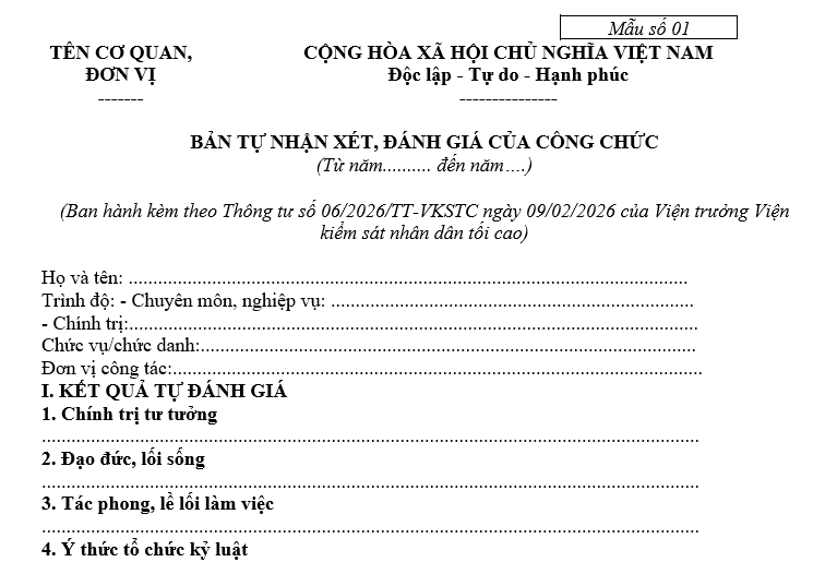 Bản tự nhận xét đánh giá 3 năm công tác gần nhất của Kiểm sát viên, Điều tra viên mới nhất 2026