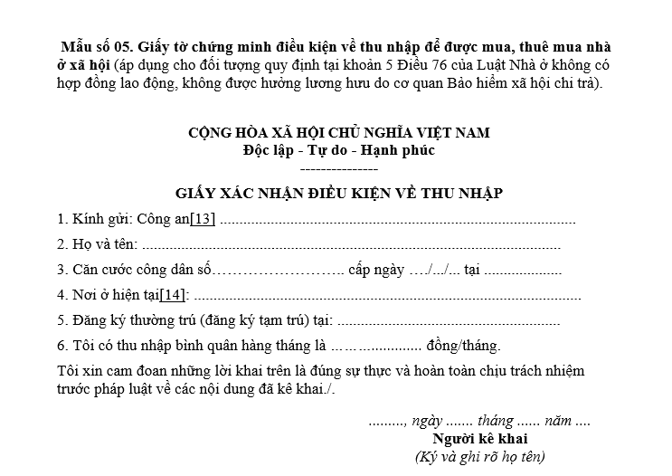 Mẫu 05 Giấy xác nhận về điều kiện thu nhập để được mua, thuê mua nhà ở xã hội mới nhất 2026