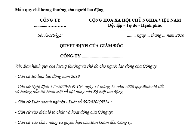 Mẫu quy chế lương thưởng, chế độ cho người lao động