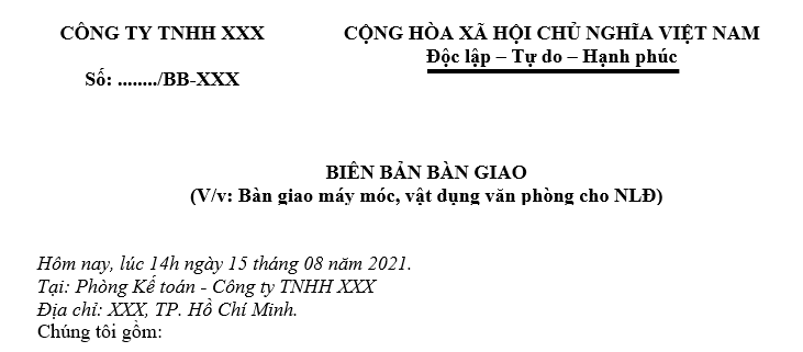 Biên bản bàn giao máy móc, vật dụng cho NLĐ thử việc