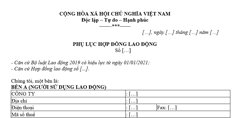 Phụ lục sửa đổi nội dung Hợp đồng lao động
