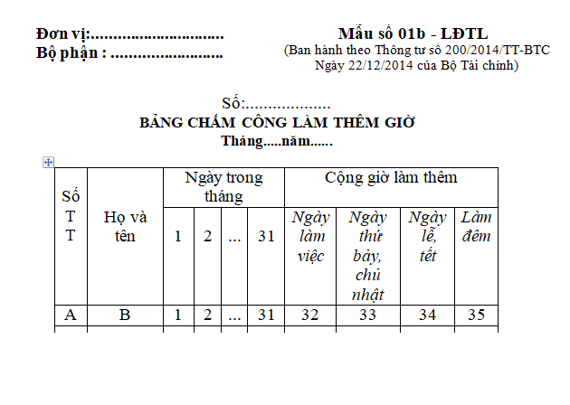 Mẫu Bảng chấm công làm thêm giờ dành cho doanh nghiệp (Mẫu số 01b - LĐTL) 