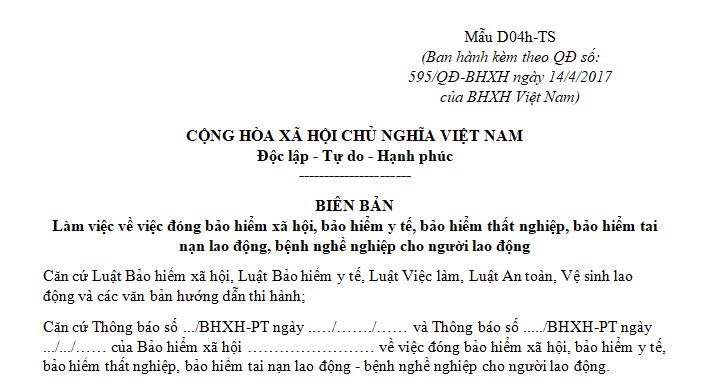 Mẫu D04h TS - Biên bản làm việc về đóng BHXH-BHYT-BHTN-BHTNLĐ-BNN cho người lao động