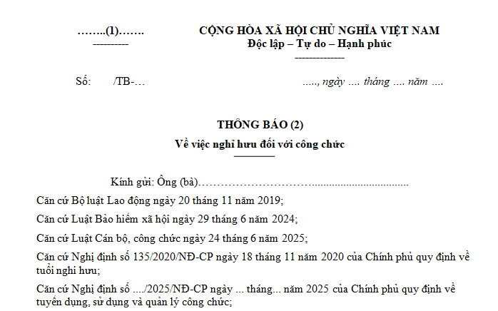 Thông báo về việc nghỉ hưu đối với công chức