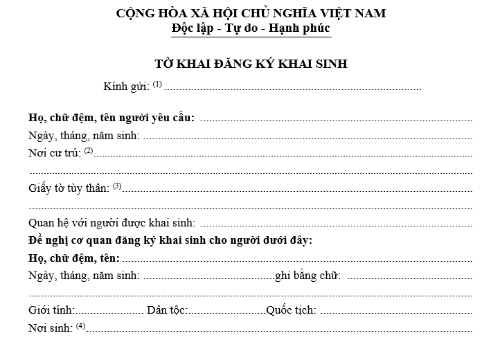 Tờ khai đăng ký khai sinh năm 2026