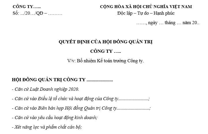 Mẫu quyết định bổ nhiệm kế toán trưởng