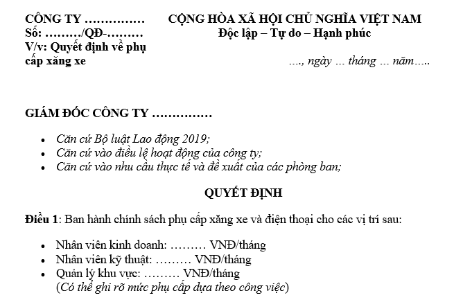 Mẫu quyết định phụ cấp xăng xe, điện thoại