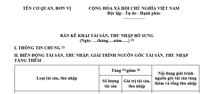 Bản kê khai bổ sung tài sản thu nhập