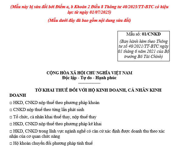 Tờ khai thuế đối với hộ kinh doanh, cá nhân kinh doanh (Mẫu 01/CNKD)