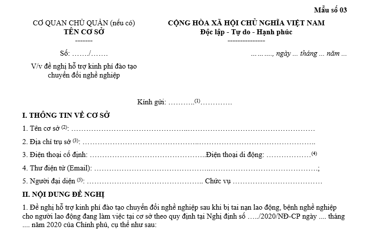 Mẫu văn bản đề nghị hỗ trợ kinh phí đào tạo chuyển đổi nghề nghiệp