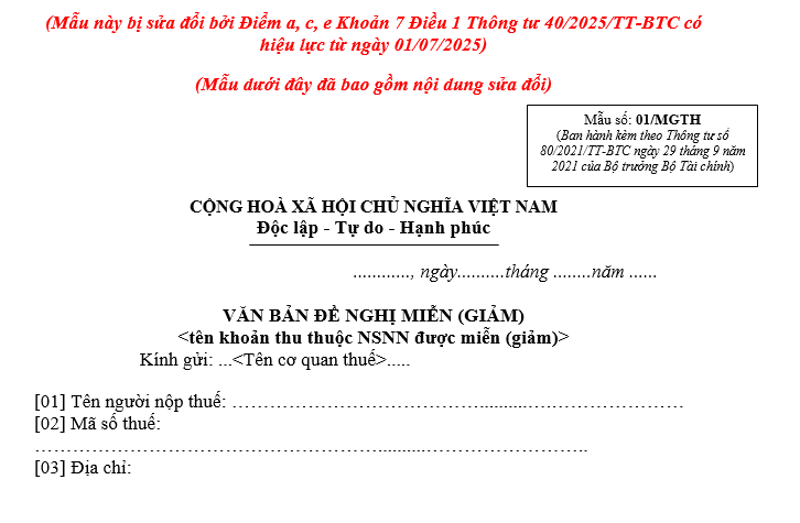 Mẫu đơn xin giảm thuế thu nhập cá nhân