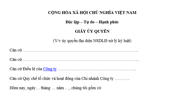 Mẫu Giấy uỷ quyền đại diện NSDLĐ xử lý kỷ luật lao động