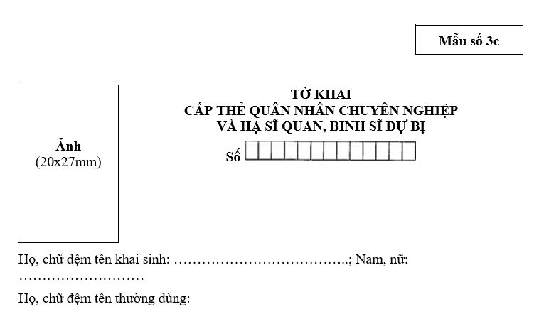 Tờ khai cấp thẻ quân nhân chuyên nghiệp và hạ sĩ quan, binh sĩ dự bị