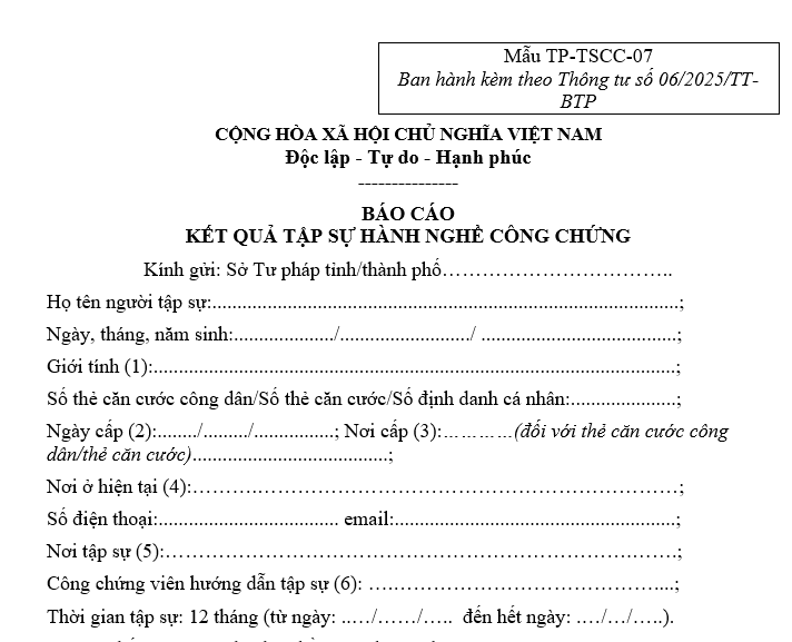 Mẫu báo cáo kết quả tập sự hành nghề công chứng