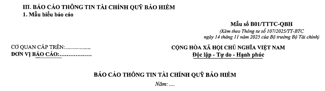 Mẫu báo cáo thông tin tài chính quỹ bảo hiểm 
