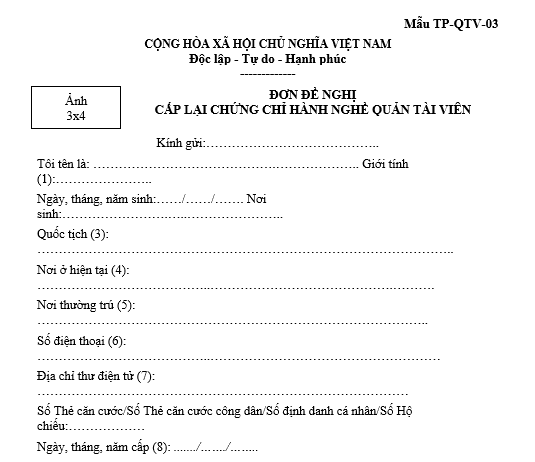 đơn đề nghị cấp lại chứng chỉ hành nghề Quản tài viên 2026