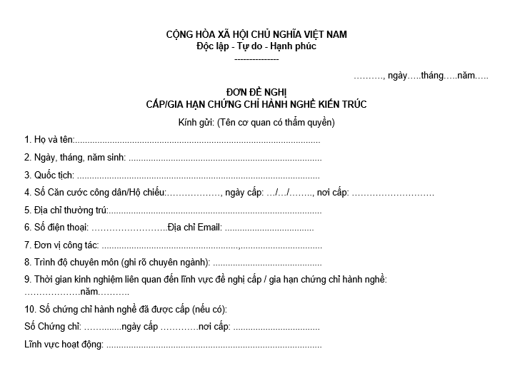 Mẫu đơn đề nghị cấp chứng chỉ hành nghề kiến trúc mới nhất 2026
