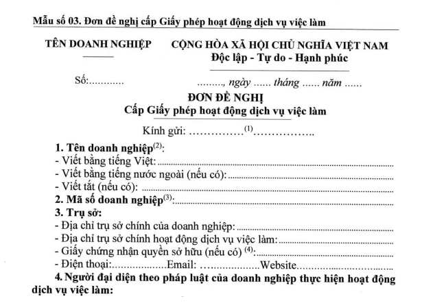đơn đề nghị cấp giấy phép hoạt động dịch vụ việc làm