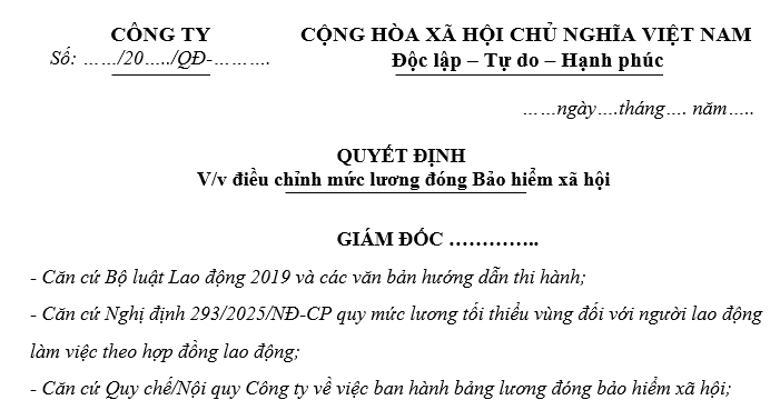 Mẫu quyết định tăng lương đóng BHXH 2026