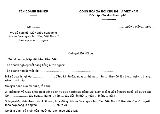 Mẫu đơn đề nghị đổi Giấy phép hoạt động dịch vụ đưa người lao động Việt Nam đi làm việc ở nước ngoài năm 2026
