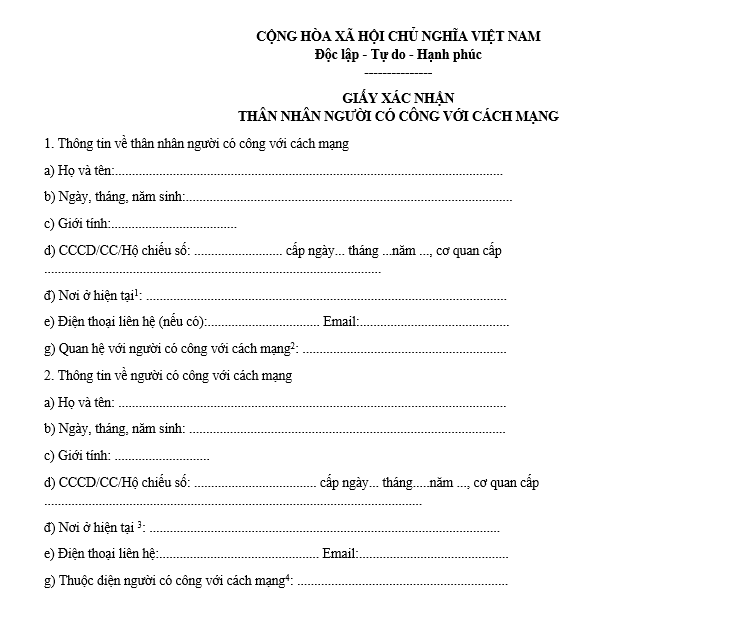 Giấy xác nhận thân nhân người có công với cách mạng từ ngày 01/01/2026