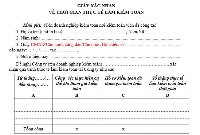 giấy xác nhận thời gian thực tế làm kiểm toán mới nhất 2026