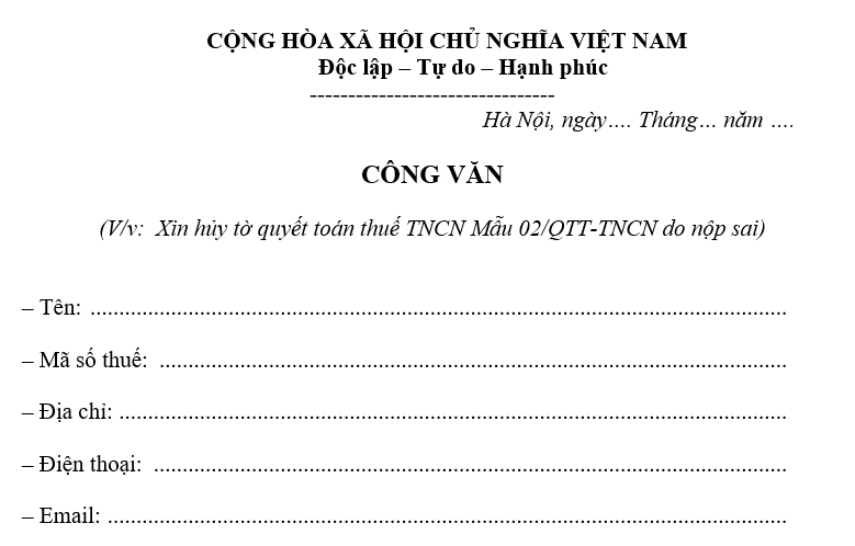 đơn xin hủy tờ khai quyết toán thuế TNCN