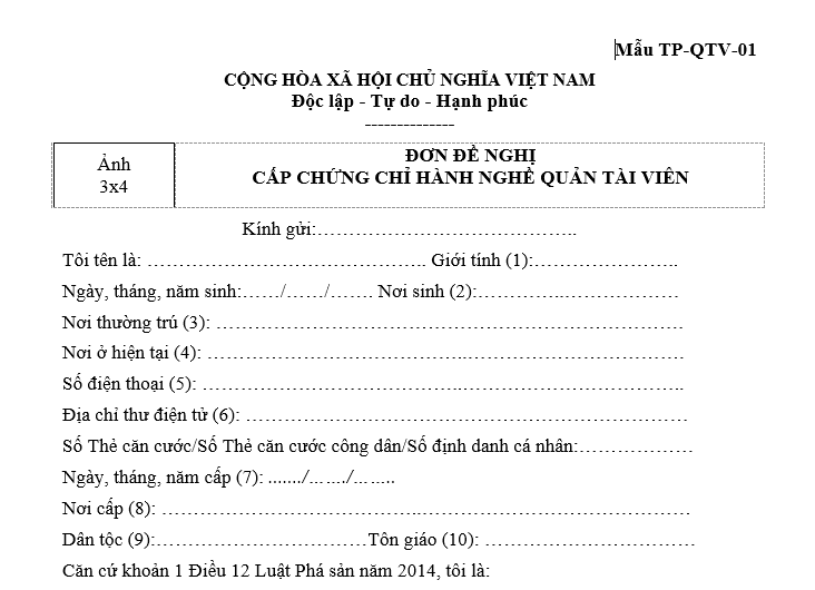 Đơn đề nghị cấp chứng chỉ hành nghề Quản tài viên