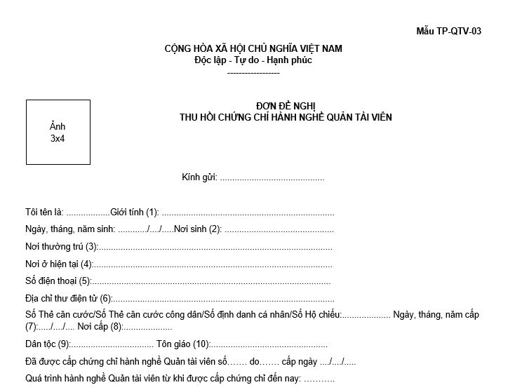 Đơn đề nghị thu hồi chứng chỉ hành nghề Quản tài viên mới nhất 2026
