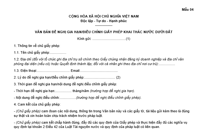 Đơn đề nghị gia hạn giấy phép khai thác nước dưới đất