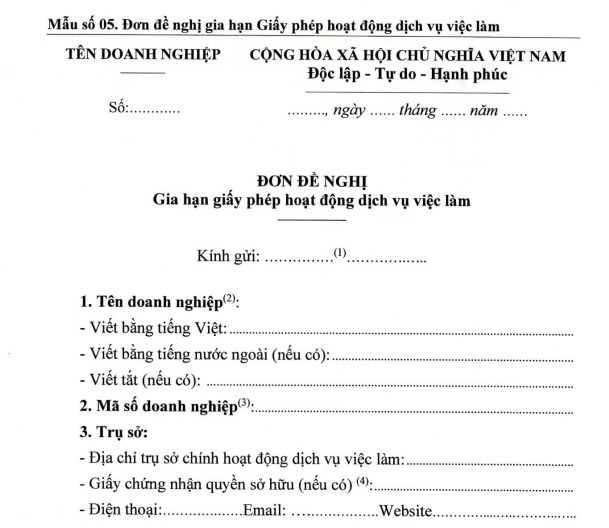 Đơn đề nghị gia hạn giấy phép hoạt động dịch vụ việc làm