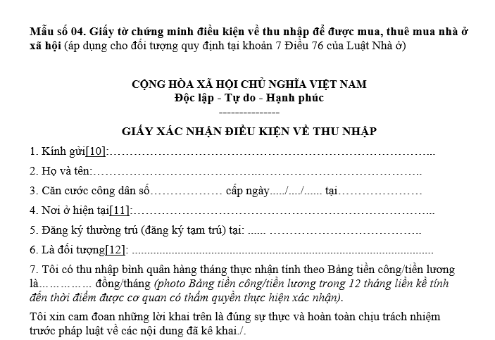 Mẫu số 04 giấy tờ chứng minh điều kiện về thu nhập để được mua, thuê mua nhà ở xã hội mới nhất 2026