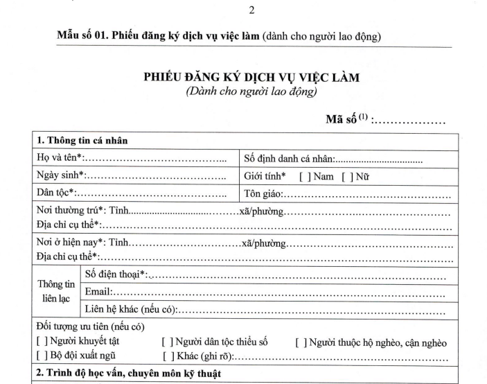 Phiếu đăng ký dịch vụ việc làm và phiếu đăng ký tìm việc làm mới nhất từ ngày 01/01/2026
