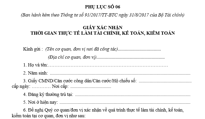 giấy xác nhận thời gian thực tế làm tài chính, kế toán, kiểm toán viên