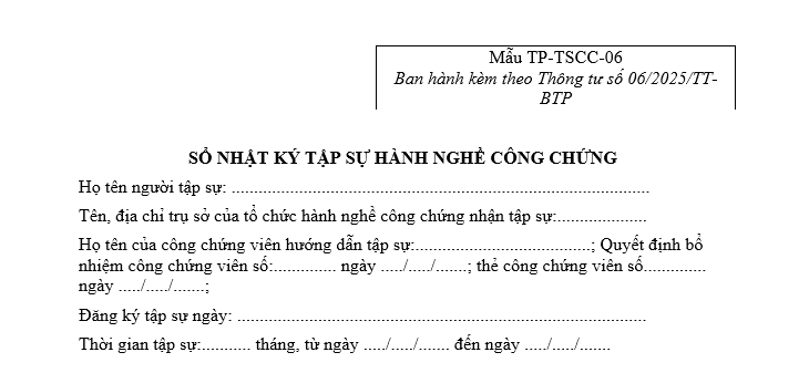 Sổ nhật ký tập sự hành nghề công chứng Mẫu TP-TSCC-06 