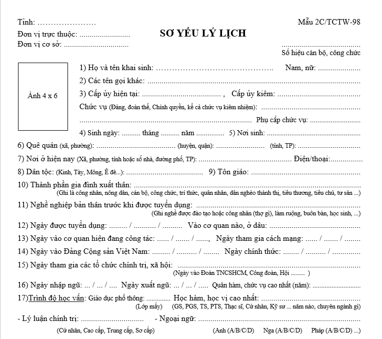 Hướng dẫn viết lý lịch mẫu 2C TCTW 98 - Mẫu sơ yếu lý lịch cán bộ công chức mới nhất 2026