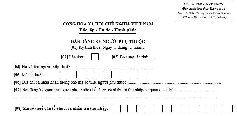 mẫu 07 đk npt tncn bản đăng ký người phụ thuộc