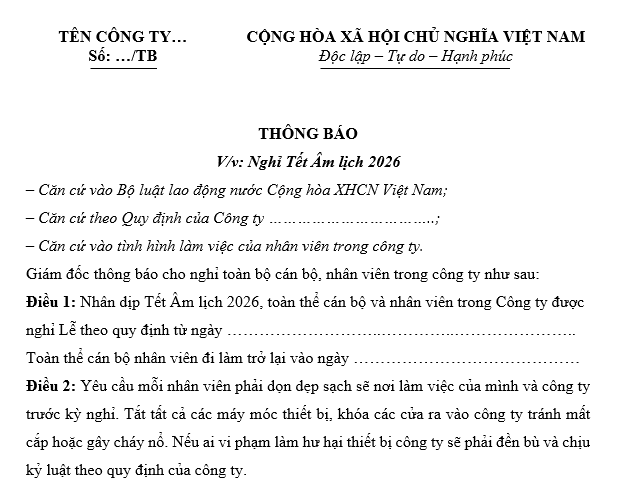 Mẫu thông báo nghỉ Tết Nguyên đán 2026