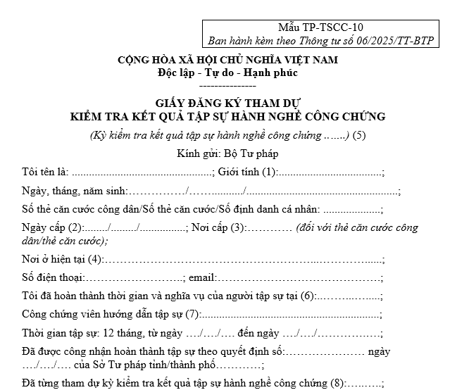giấy đăng ký tham dự kiểm tra kết quả tập sự hành nghề công chứng mới nhất 2026