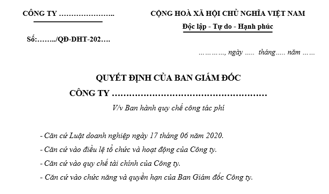 Mẫu quy chế công tác phí của doanh nghiệp mới nhất 2026