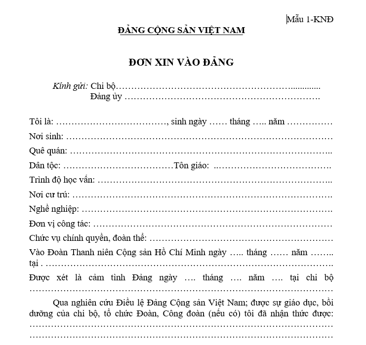 Mẫu Đơn xin kết nạp Đảng (Đơn xin vào Đảng)