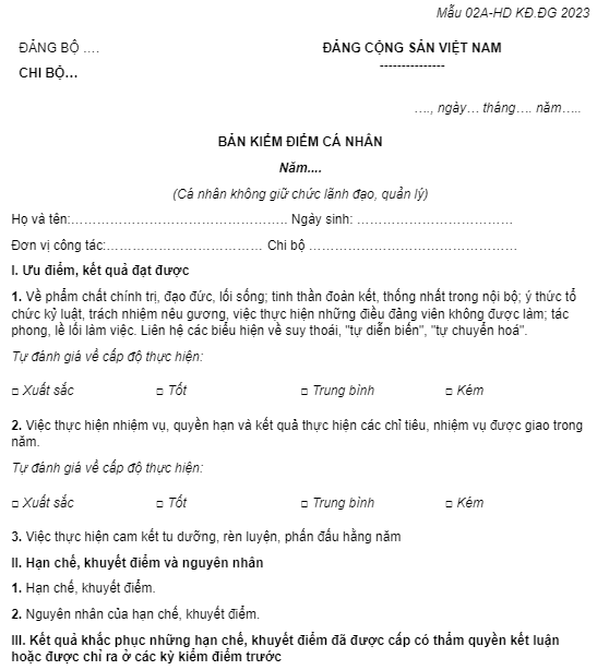 Mẫu 02A-HD KĐ.ĐG