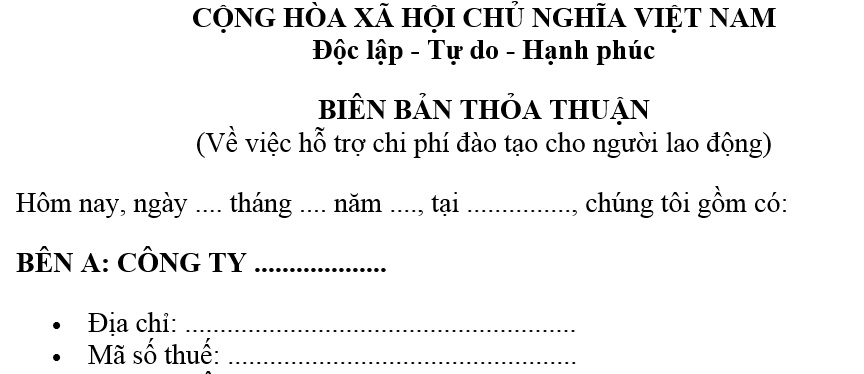 Mẫu Bản thỏa thuận về việc hỗ trợ chi phí đào tạo cho người lao động