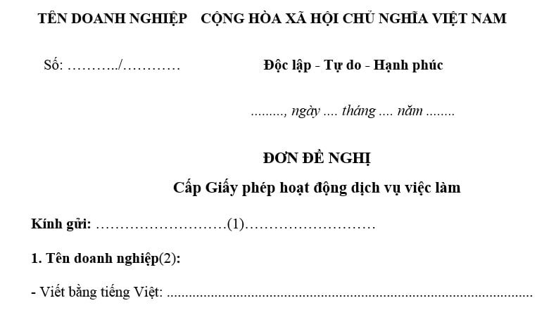 Mẫu đơn đề nghị cấp giấy phép hoạt động dịch vụ việc làm