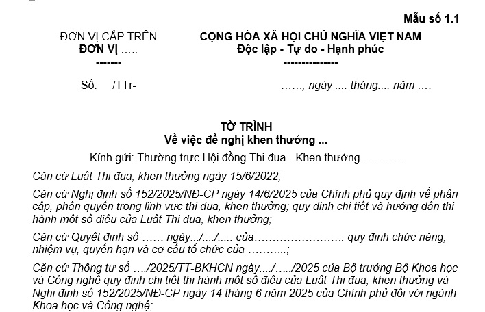 tờ trình đề nghị khen thưởng