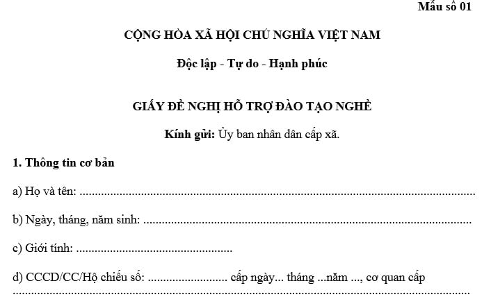 Đơn đề nghị hỗ trợ đào tạo nghề