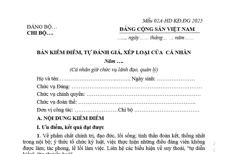 Mẫu bản kiểm điểm tự đánh giá xếp loại cuối năm 2025 dành cho cá nhân giữ chức vụ lãnh đạo