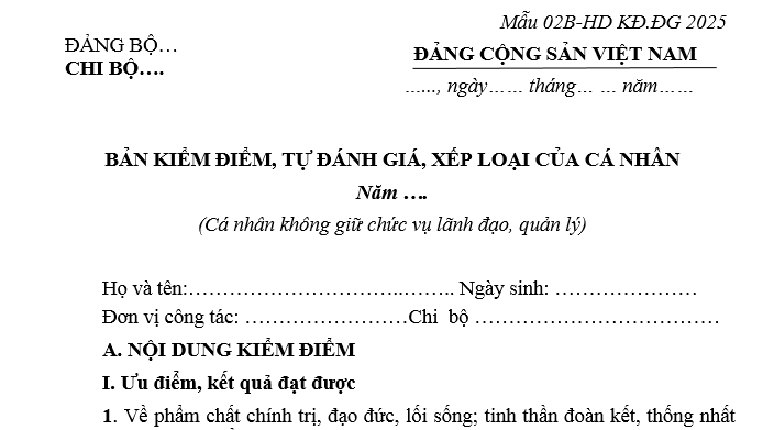 Mẫu bản kiểm điểm tự đánh giá xếp loại cuối năm 2025 dành cho cá nhân không giữ chức vụ lãnh đạo.